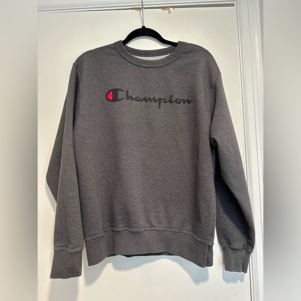 Champion Y2K Pullover Sweatshirt Men's M Dark Gray Spell Out Logo Crew Neck.
